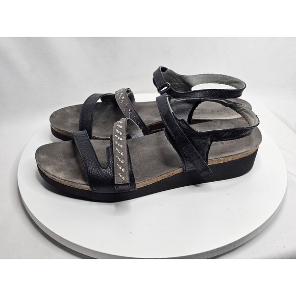 NAOT Kendall Wedge Sandals Ankle Straps Rhinestones Black Women Size EU 41/US 10 - Picture 1 of 8